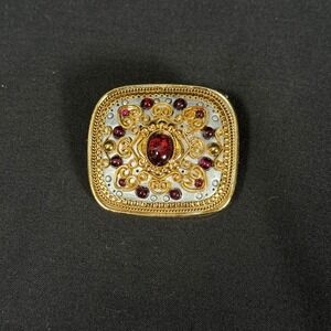 Michal Golan Byzantine Brooch Pendant Garnet Cabochon Gold Tone Signed VTG 80s